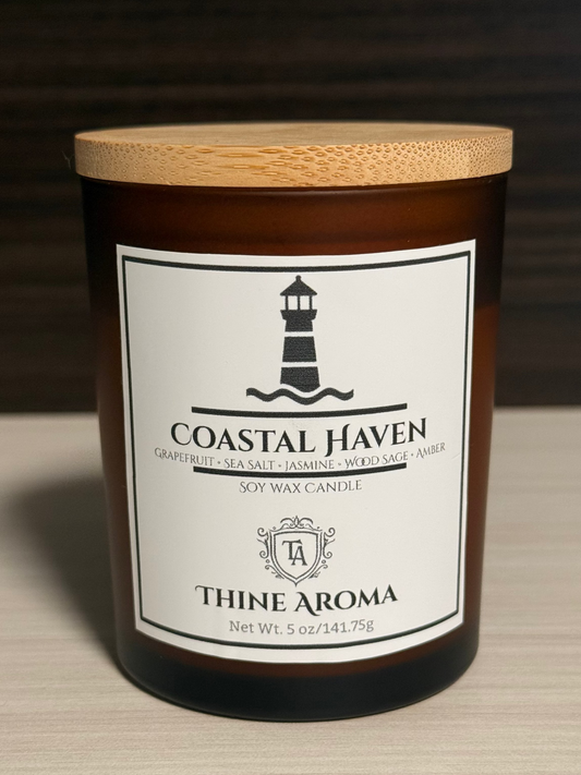 Coastal Haven candle with a wooden lid on a neutral background